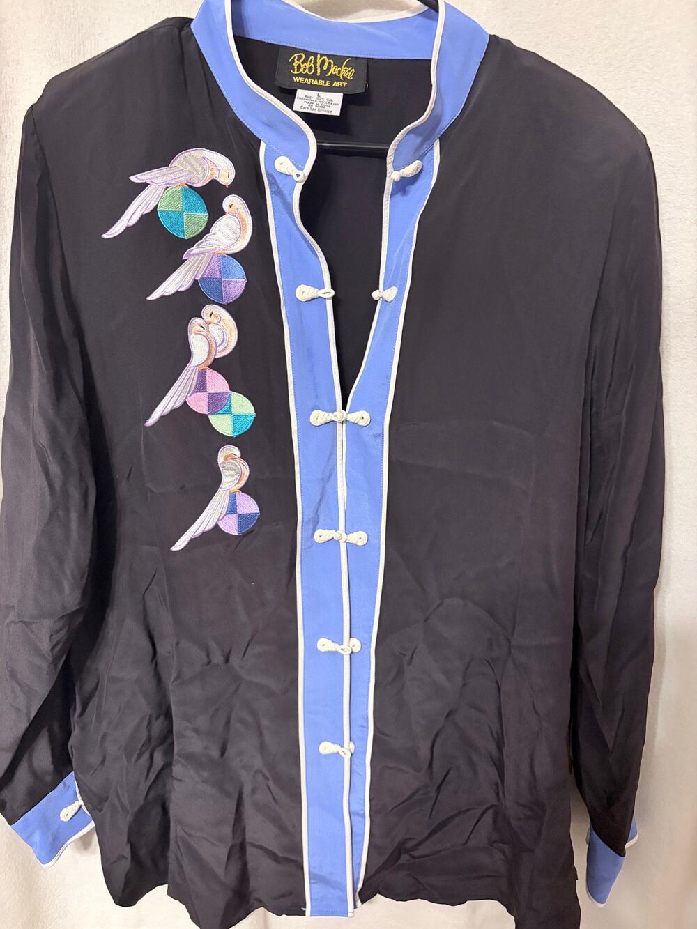 Vintage Bob Mackie Wearable Art 100% Silk Blouse Embroidered Frog Closures